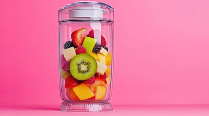 juice blender colorful concept. Colorful array of fruits blended in a clear jar against a vibrant pink background.