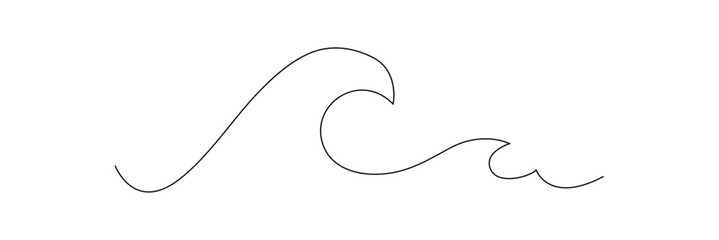 Single continuous line drawing surf ocean waves isolated on white background, also logo idea. Water splashes wave twirl isolated surge sparks breaker. One line draw graphic design vector illustration.