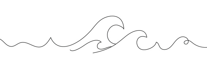 Single continuous line drawing surf ocean waves isolated on white background, also logo idea. Water splashes wave twirl isolated surge sparks breaker. One line draw graphic design vector illustration.