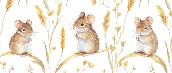 Fototapeta premium Three small brown mice are sitting on a branch