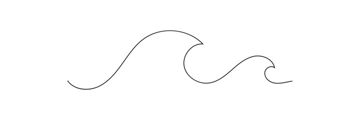 Single continuous line drawing surf ocean waves isolated on white background, also logo idea. Water splashes wave twirl isolated surge sparks breaker. One line draw graphic design vector illustration.