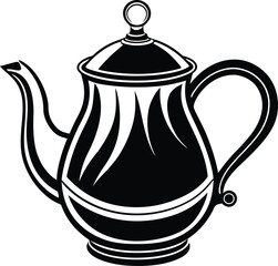 Teapot silhouette, Teapot silhouette icon, Kitchen teapot vector, Tableware for hot drinks, Teapot flat design, Black teapot outline illustration