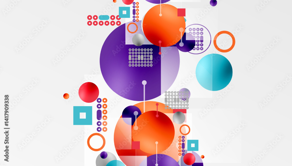Aufkleber Abstract colorful shapes overlap. Circles, squares, dots create dynamic composition. Modern design elements present vibrant visual experience.