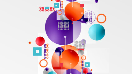 Abstract colorful shapes overlap. Circles, squares, dots create dynamic composition. Modern design elements present vibrant visual experience.