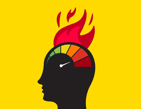 Illustration of a head with gauge and flame measure, anger measurement