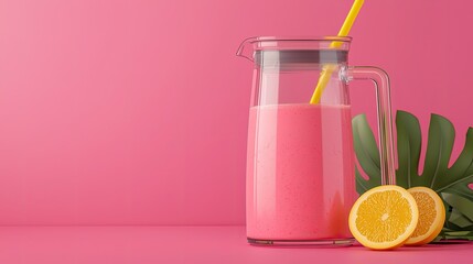 juice blender colorful concept. Fresh pink beverage in a glass pitcher with lemon slices and a straw against a vibrant pink background.