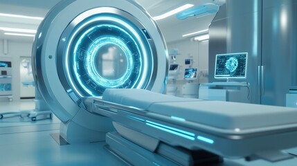 Advanced medical imaging device with a large circular scanner featuring blue digital interfaces.