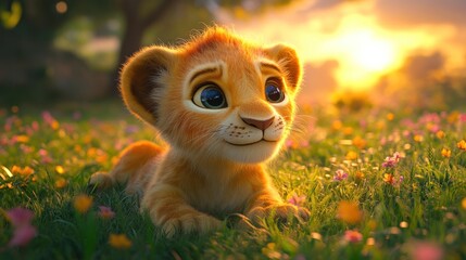 Fototapeta premium Adorable lion cub in a field of flowers at sunset.