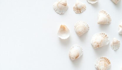 Seashells scattered on a white surface with soft lighting and a minimalist aesthetic.