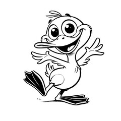 Happy Cartoon Duck Character – Vector Illustration in Black and White