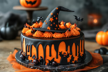 Halloween cake decorated with orange and black icing on a spooky-themed cake stand.