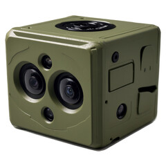 Obraz premium Compact green camera with dual lenses positioned on the front, featuring a sleek design and modern technology.