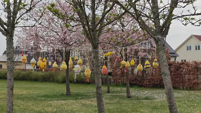 Cute and funny outdoor Easter decorations on the street.