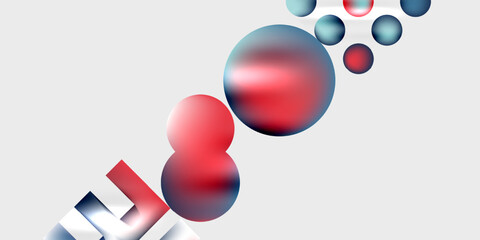 Abstract composition featuring vibrant spheres, gradients, geometric shapes. Minimalist design with cool, warm color palette. Modern aesthetic.