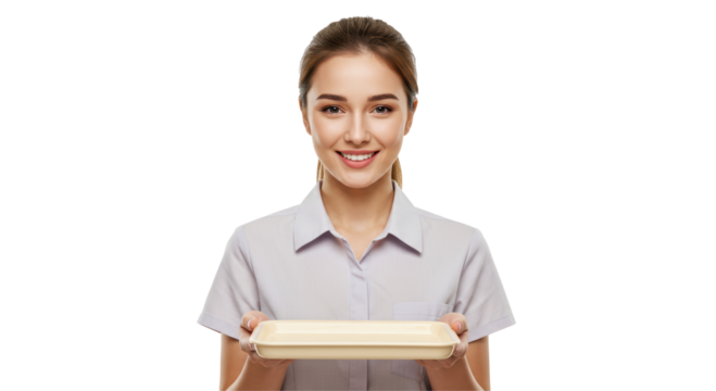 Isolated Smiling Woman Holding Empty Tray Ready to Serve