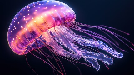 Fototapeta premium Vibrant jellyfish gracefully swimming in deep ocean waters, illuminated by bioluminescence
