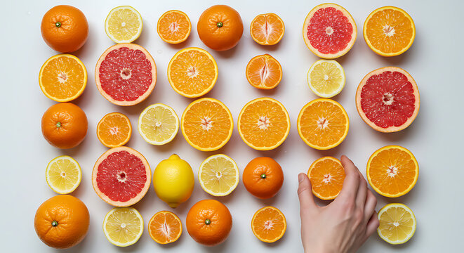 Colorful citrus fruits including oranges, lemons, grapefruit, and mandarins arranged on a white background, with a hand picking up an orange.