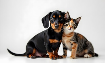 Adorable Dachshund Puppy and Calico Kitten Portrait with White Background