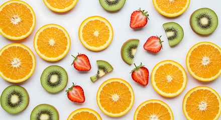 Overhead flat lay shot of sliced citrus fruit, kiwis, and strawberries scattered on a solid white surface. Perfect for summer vibes.