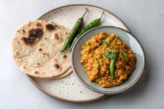 A serving of ruti and begun bharta with green chili, isolated on light grey surface