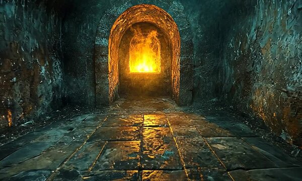 Mysterious underground chamber with glowing fire in the background, showcasing ancient stonework