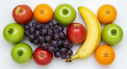 A vibrant assortment of fresh fruits, featuring a banana, apples, oranges, and a bunch of grapes, arranged on a white background.