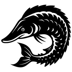 Stylized illustration of a pike fish swimming in a circular motion