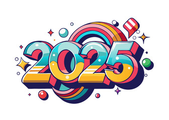 Fototapeta premium Illustration of the year two thousand and twenty five with rainbow and colorful graphic elements around it