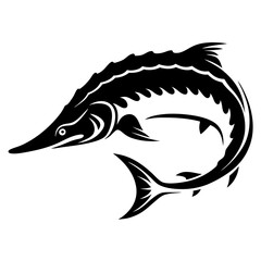 Elegant black and white sturgeon illustration in a stylized tribal design