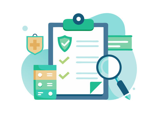 Illustration of a clipboard with checkmarks shield and magnifying glass and other elements shown
