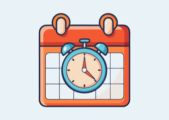 Illustration of a calendar and a blue alarm clock with hands showing the time on a light background