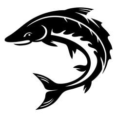Stylized black and white illustration of a leaping fish with detailed fins