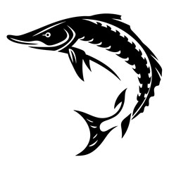 Black and white stylized illustration of a sturgeon swimming upwards gracefully