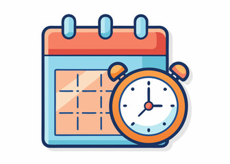 Illustration of a calendar with grid and an alarm clock showing time next to it on a white background