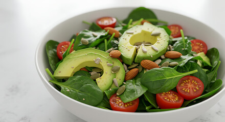 Nutritious salad with avocado, spinach, tomatoes, almonds, and seeds in a bright white bowl, offering a refreshing and healthy meal option.