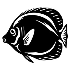 Black and white vector illustration of a tropical reef fish gracefully swimming