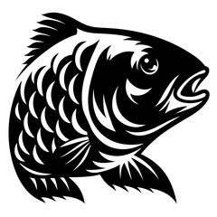 Graphic black and white illustration of a stylized fish in profile
