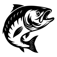 Jumping fish illustration in black and white with an open mouth