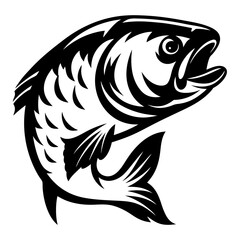 Stylized black and white illustration of a leaping fish with open mouth