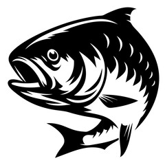 A black and white illustration of a large fish jumping upwards
