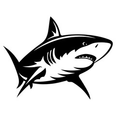 Aggressive Black and White Shark Illustration Displaying Powerful Jaws and Sharp Teeth