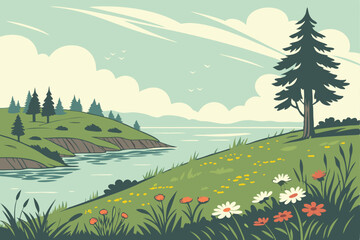 Obraz premium 71 Serene lakeside landscape, vibrant green meadow, colorful wildflowers, distant pine-covered islands, calm reflective water, fluffy white clouds, bright sky, stylized vector art, peaceful nature sce