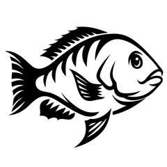 Stylized black and white image of a fish with detailed fins