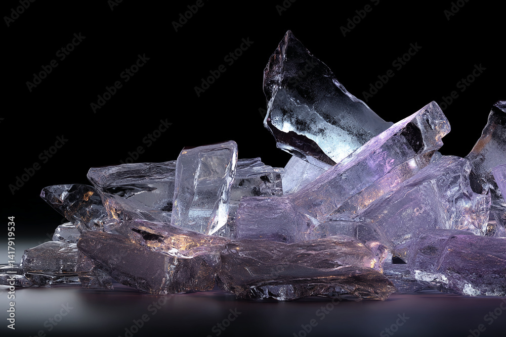 Poster pile of translucent ice chunks, showcasing sharp, irregular shapes and cool tones, symbolizing purit
