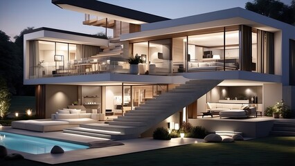 Obraz premium a close up of a house with a staircase and a living room