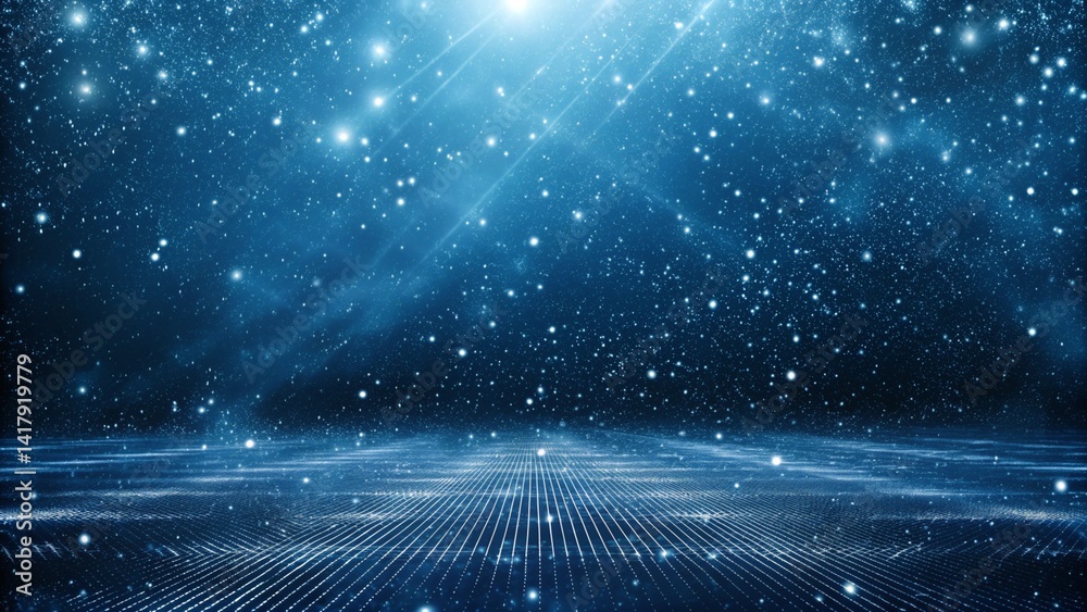 Aufkleber Abstract dark blue digital background with sparkling blue light particles and areas with deep depths Particles form into lines, surfaces and grids, futuristic, glowing, technology, virtual