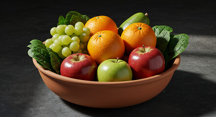 A terracotta bowl brimming with fresh fruits and vibrant spinach, perfect for a healthy snack or visually appealing centerpiece.