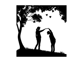 Romantic Couple Embraces Under a Majestic Tree, A silhouette of a loving couple embracing on a hill, with a large, wind-swept tree in the background.