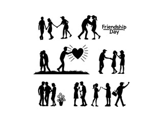Silhouette illustrations of people interacting, celebrating International Friendship Day.  Graphic features various black silhouette illustrations of people engaging in different friendly gestures.