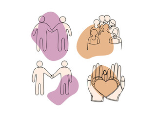 Diverse group of friends standing together in unity, A minimalist line art illustration of four people, possibly representing a diverse group of friends, standing close together.